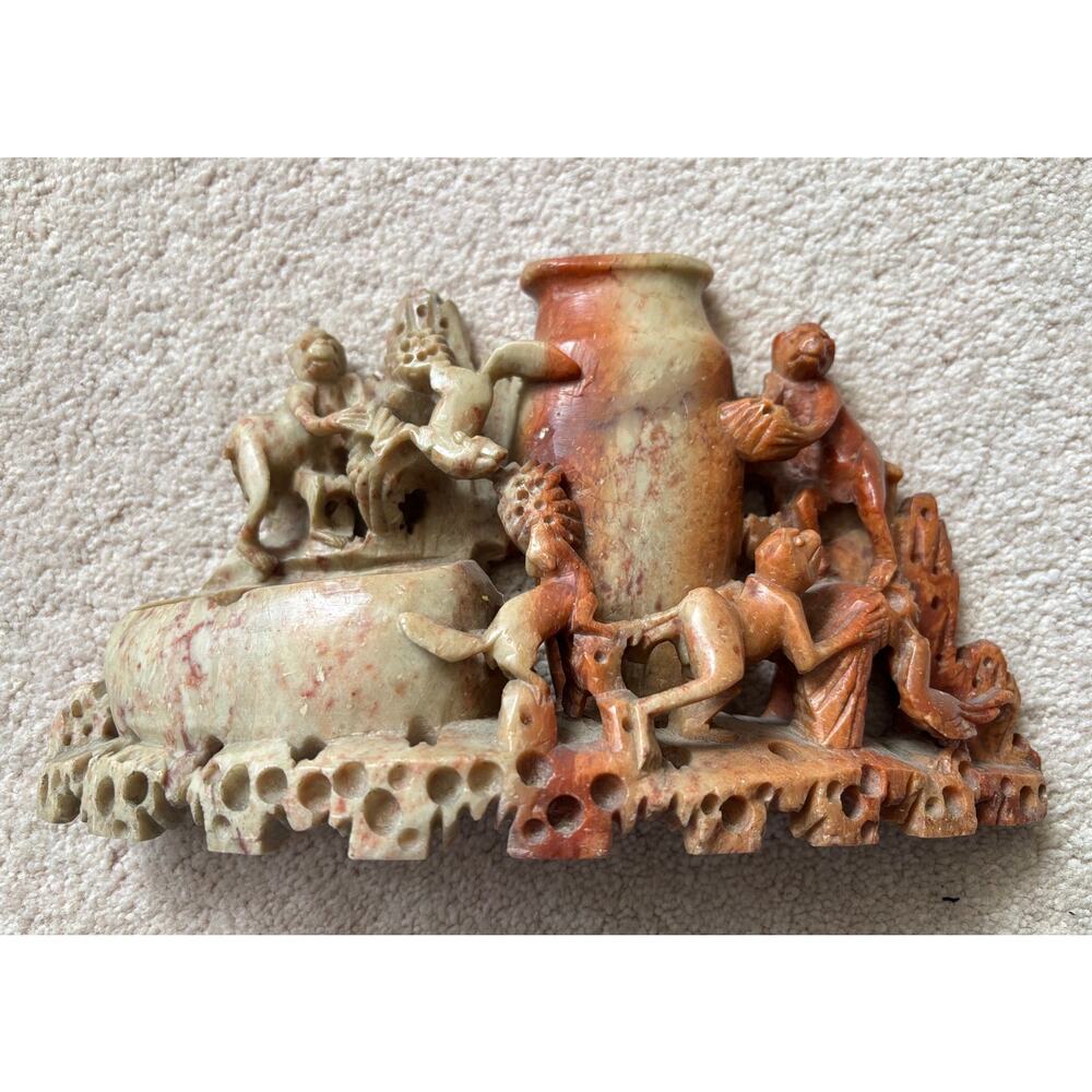 Vintage Chinese Hand Carved Soapstone Scholar Sculpture Village Scene Figurine